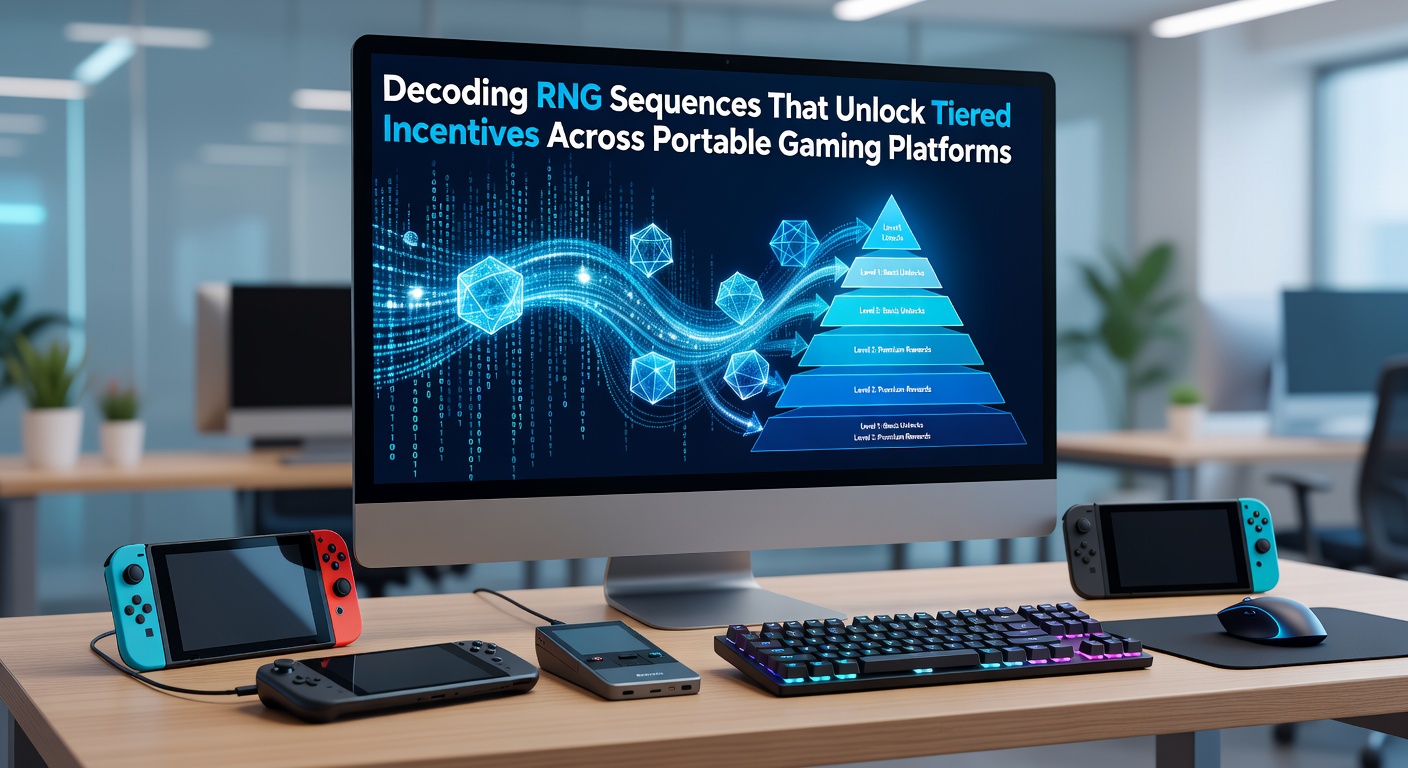 Illustration of random number generator sequences visualized on a portable gaming device screen with layered reward tiers