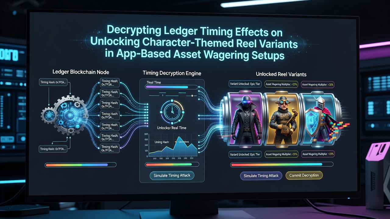 Diagram showing blockchain ledger timing sequences linked to character reel variant unlocks in mobile wagering applications