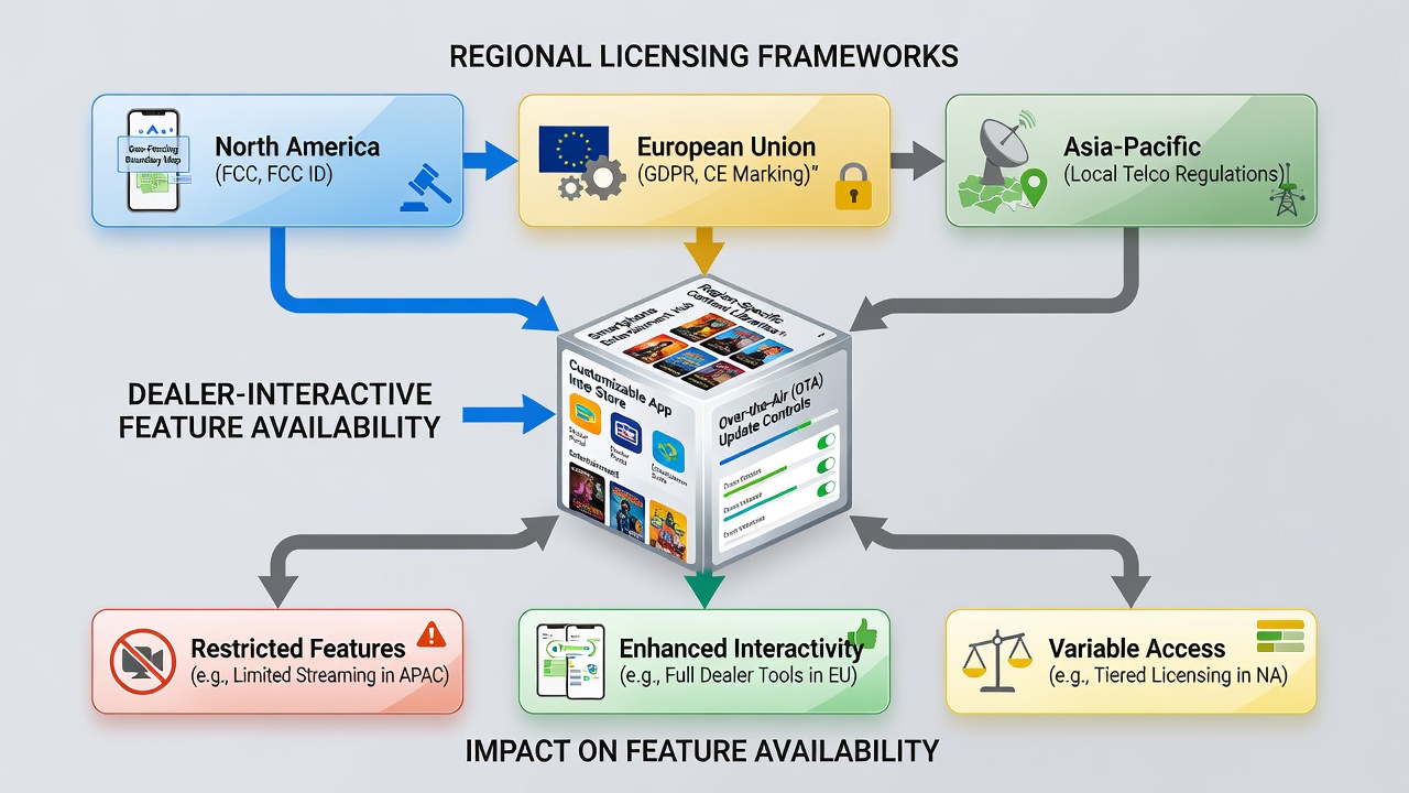 Map overlay showing licensing regions and corresponding dealer feature availability on mobile devices