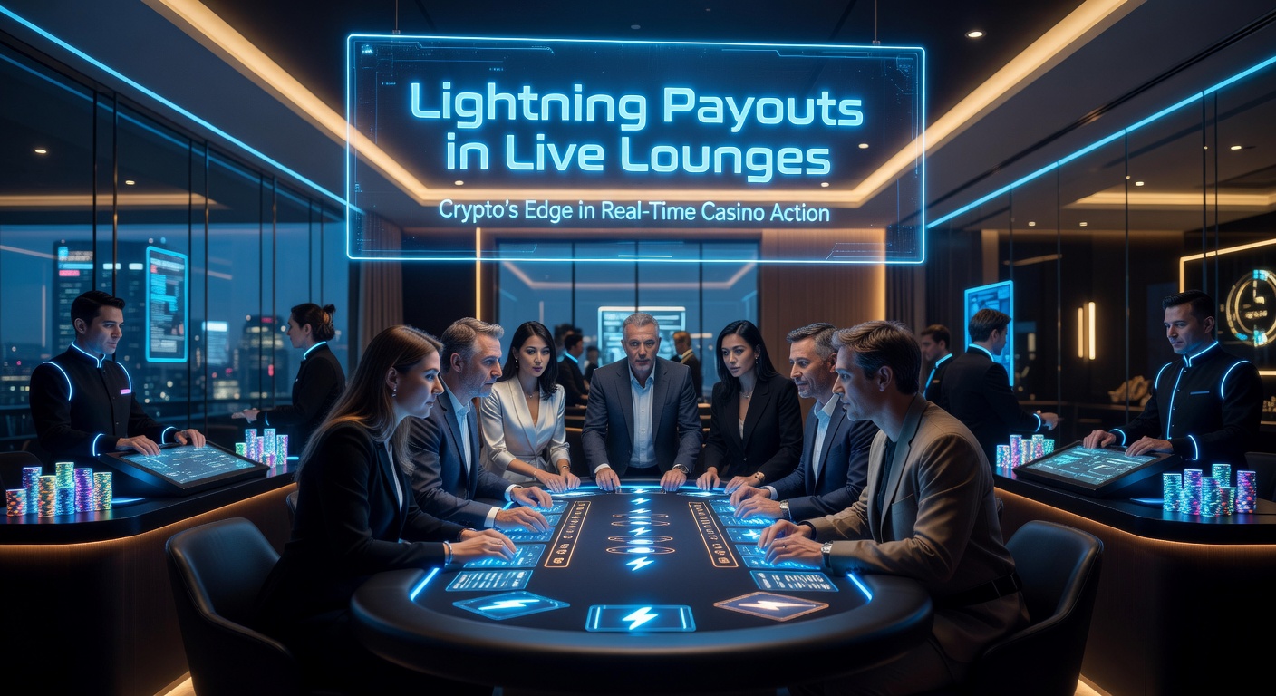 Dynamic live casino lounge scene with dealers at roulette tables and digital crypto payout displays flashing instant wins