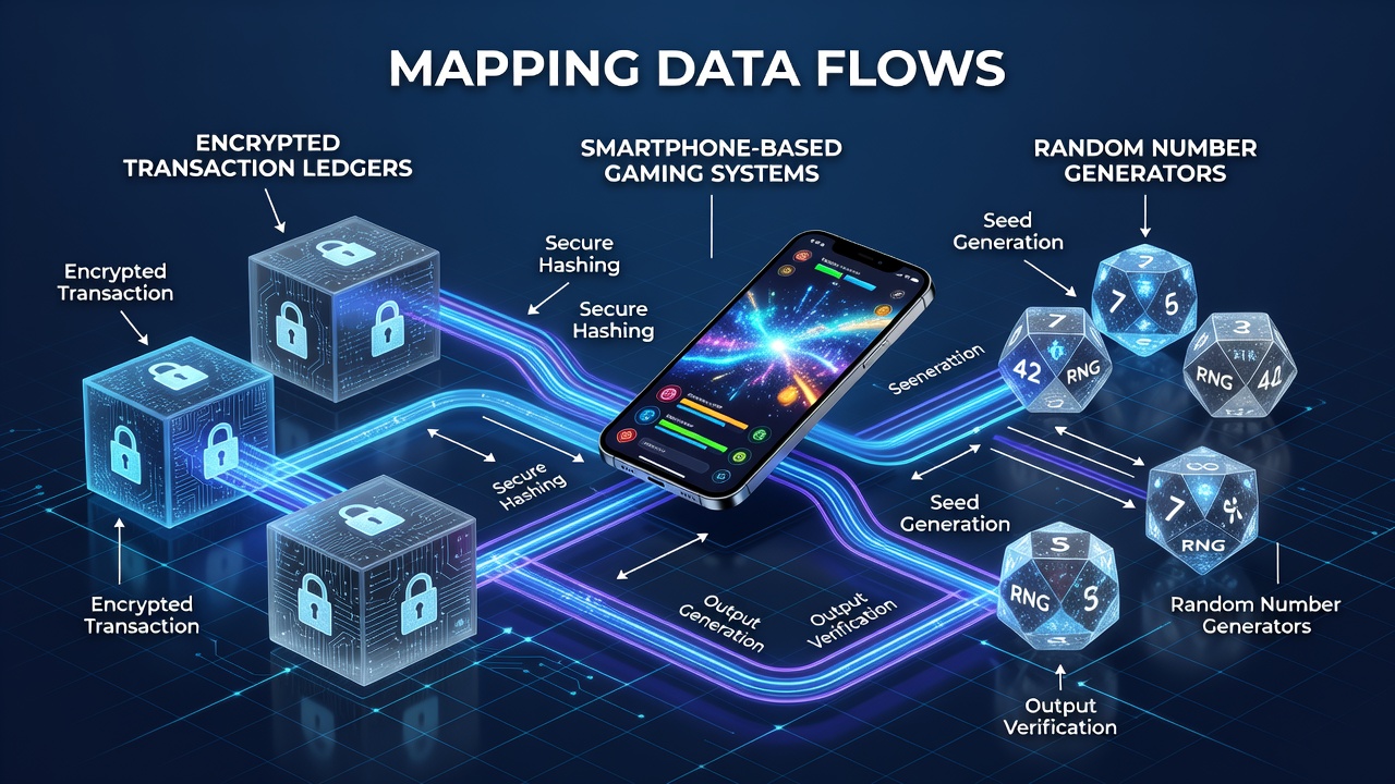 Diagram showing encrypted transaction ledgers connected to random number generators in mobile gaming environments