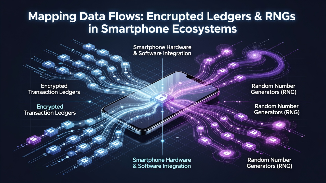Flowchart illustrating data pathways from encrypted ledgers to RNG modules on mobile devices