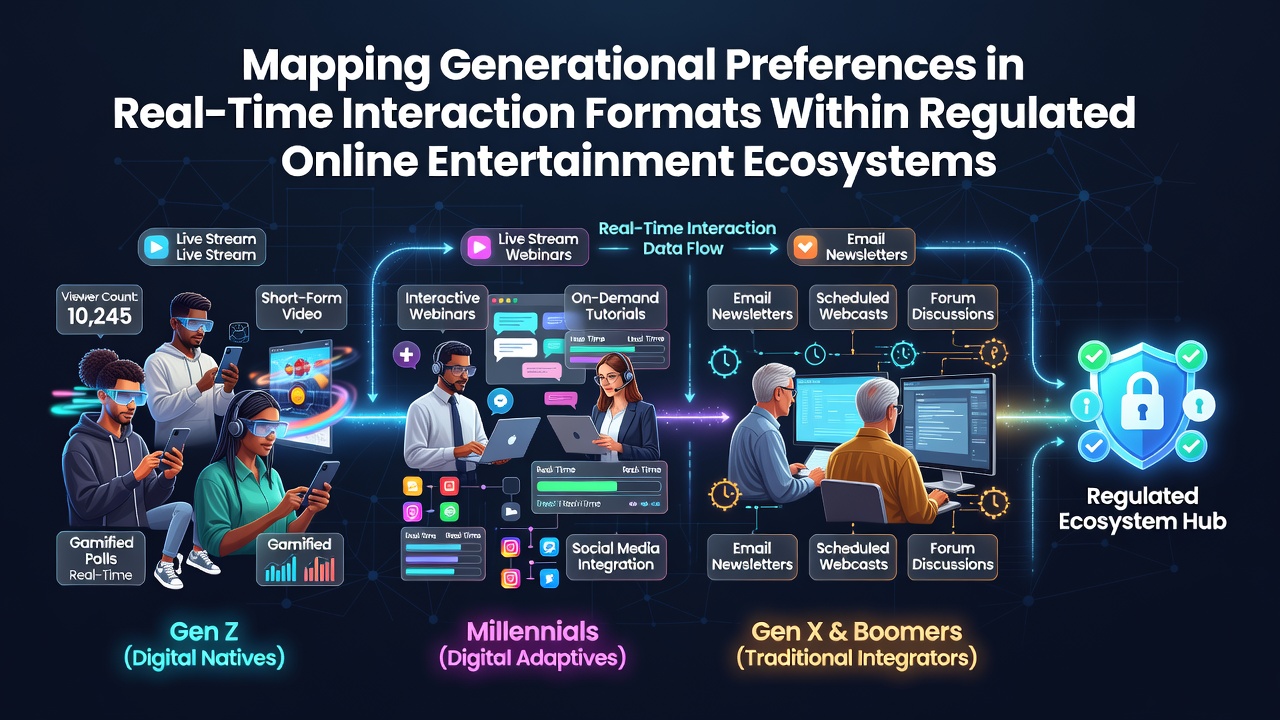 Visual representation of generational user interfaces in regulated online platforms showing mobile and desktop interaction patterns