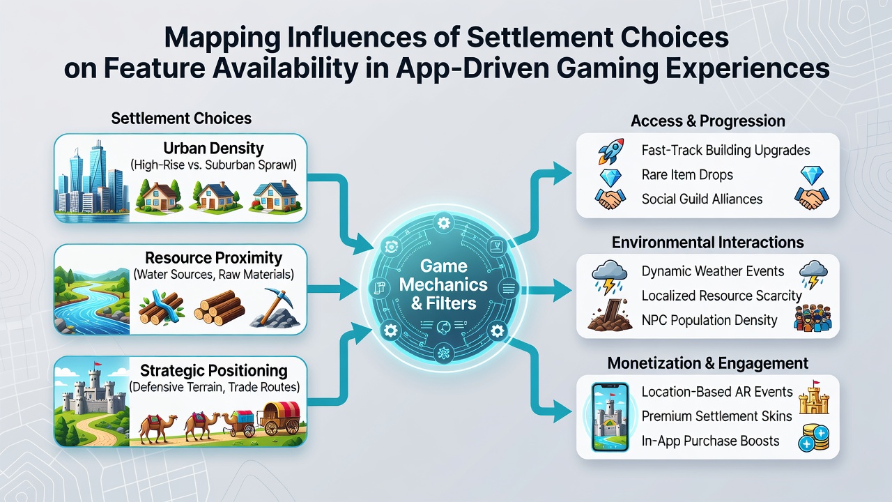 Flowchart depicting how payment settlement options connect to unlocked gaming features and regional restrictions