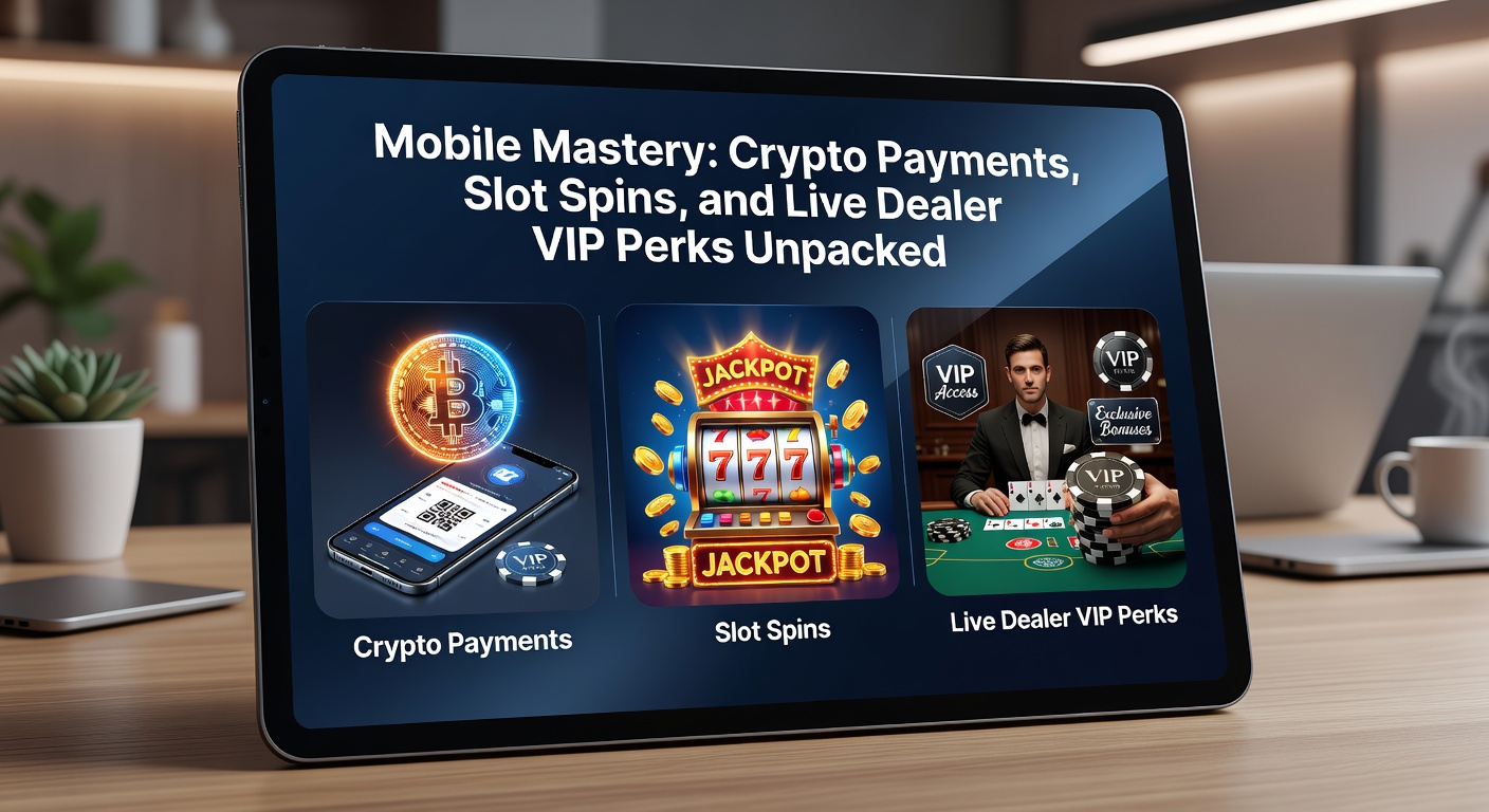 Close-up of a mobile slot game interface showing crypto balance, spinning reels with jackpot symbols, and VIP badge for live dealer access