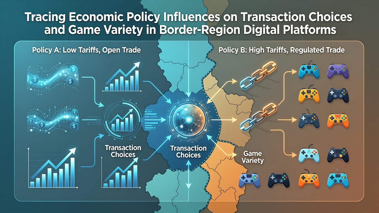 Border region digital platform interface showing transaction options and game selections influenced by regional economic policies