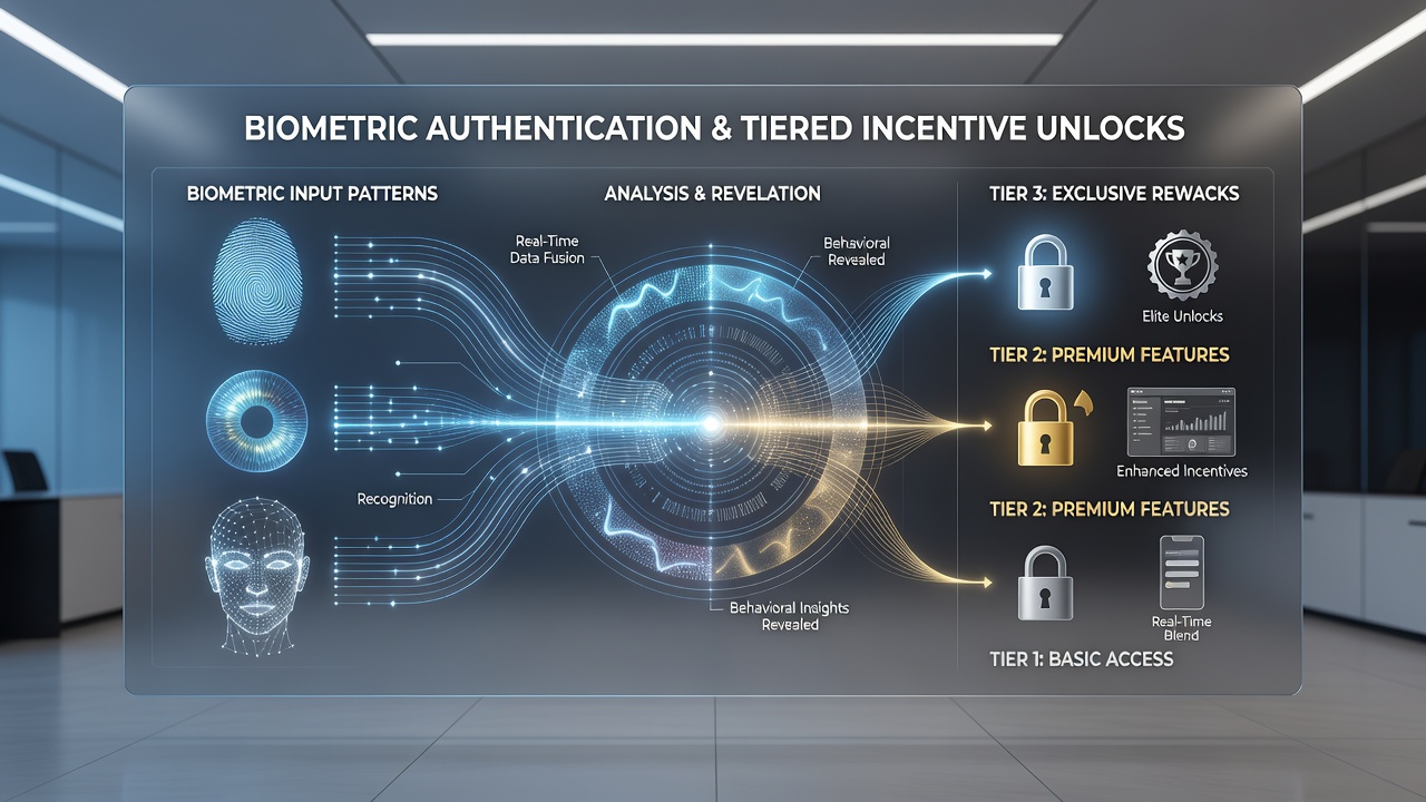 Data visualization of biometric patterns correlated with tiered incentive unlocks in crypto gaming applications